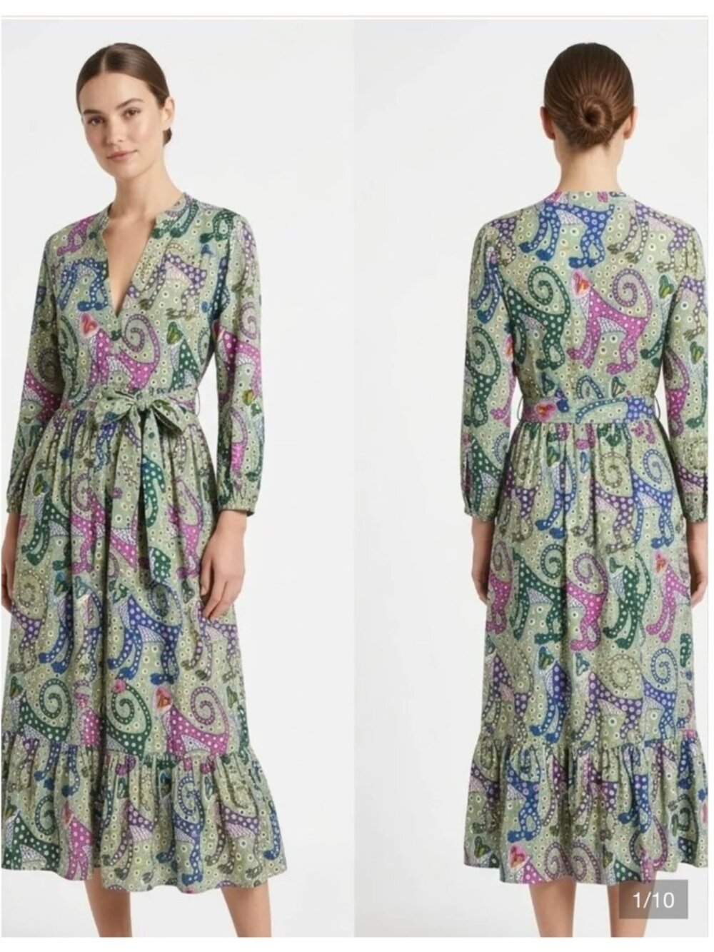Fox & Hen Printed Long-Sleeve Maxi Dress in Green Paisley w/ Monkeys SIZE SMALL